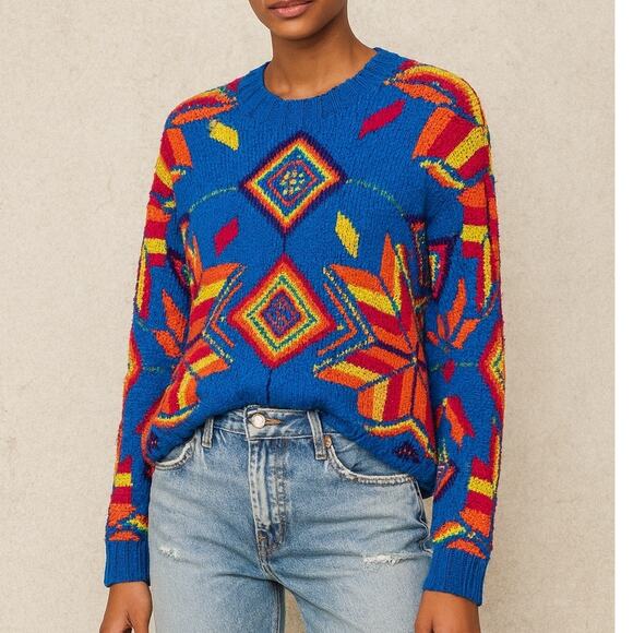 Ralph Lauren Vintage 90s Hand Knit Tribal Print Sweater Linen Cotton Silk - Picture 1 of 7